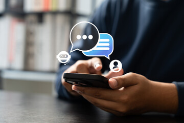 Aufkleber - Businessman uses AI chatbot on smartphone for digital communication and customer service. Smart virtual artificial intelligence assistant, Intelligent system in today business and daily life world.