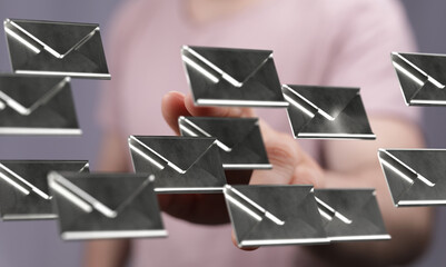 Poster - Hand interacting with digital email icons, representing inbox management and online communication.