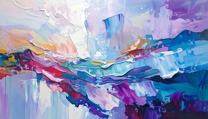 Poster - Abstract oil painting with thick brushstrokes, showcasing a vibrant landscape of layered colors, evoking feelings of peace and tranquility.