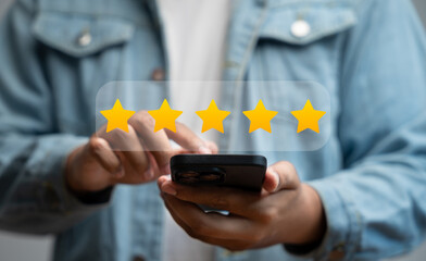 Canvas Print - customer reviews and five stars ratings online, client using smartphone to rate product and service,