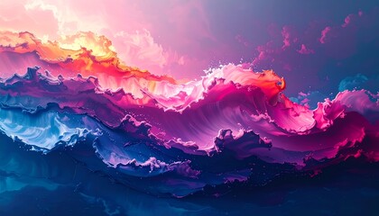 Poster - Abstract swirling wave art with vibrant colors of pink, red, purple, and blue creating a dynamic and artistic visual representation of water movement.