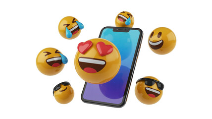 Poster - 3d rendering of various expressive emojis, including love and laughter, surrounding a smartphone on 
