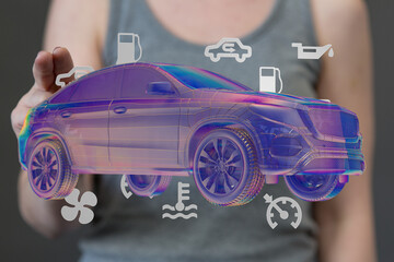 Aufkleber - Digital image of a person holding a holographic SUV with various car service and maintenance icons.