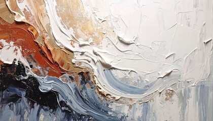 Poster - Abstract textured oil painting featuring thick brushstrokes with shades of white, gold, orange, and blue creating a dynamic artistic composition