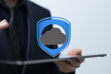 Poster - Businessperson holding tablet showing secure cloud data protection.  Cybersecurity concept.