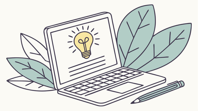 Laptop with lightbulb idea on screen surrounded by leaves
