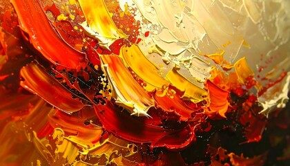 Poster - Close-up of vibrant impasto oil painting with bold brushstrokes showcasing a fiery explosion of red, orange, and yellow colors, creating a dramatic and abstract artwork.