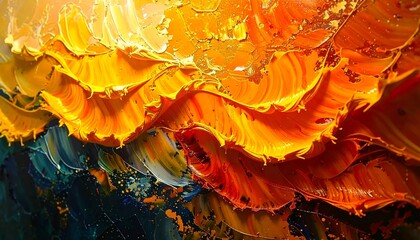 Poster - Close-up of vibrant orange and yellow abstract oil painting with thick brushstrokes, creating a textured and dynamic artwork with an energetic feel.