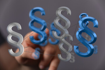 Poster - abstract image of interconnected paragraph symbols, representing legal networks and regulations.