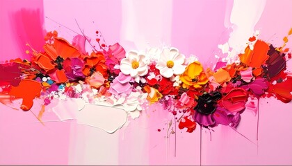 Poster - Vibrant abstract floral painting showcasing a beautiful arrangement of various colorful flowers in shades of pink, orange, red, yellow, and white, perfect for artistic backgrounds.