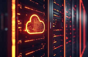 Aufkleber - Red glowing cloud icon on high tech server rack, visualizing cloud computing and data storage, perfect for cybersecurity, network infrastructure, and IT service branding