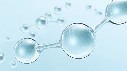 Poster - Transparent water molecules floating in a soft blue background, illustrating the beauty of molecular structure and the essence of life in a serene environment