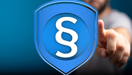 Poster - Concept image of digital shield with legal paragraph symbol, representing secure legal protection.