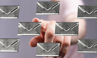 Poster - Hand interacting with digital email icons, symbolizing email management and organization.
