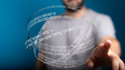 Poster - A man interacts with a sphere of digital data, showcasing technology and innovation.
