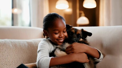 Poster - Happy girl embracing her German Shepherd dog on a couch.