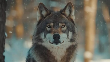 Poster - Majestic grey wolf in snowy forest, looking directly at the camera.
