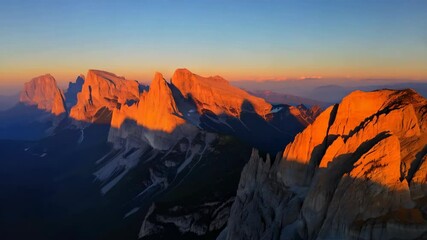 Poster - Majestic mountain range bathed in the warm glow of sunrise, casting dramatic shadows across the landscape.