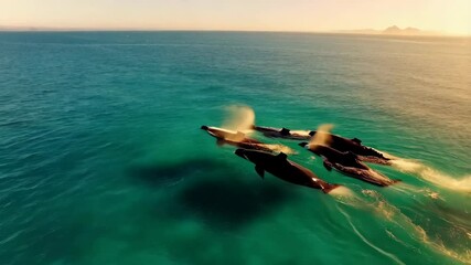 Poster - Orca whales swimming in turquoise ocean water at sunset.