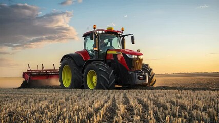 Poster - Red tractor working in a field at sunset.
