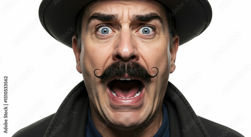 Man expressing extreme shock with wide eyes and open mouth with hat and ...