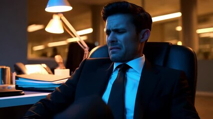 Poster - Stressed businessman sits in his office chair late at night, looking unhappy and overwhelmed by paperwork.