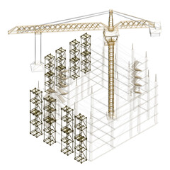 Poster - A crane is lifting a large object. The crane is tall and has a long arm. The object is being lifted high into the air. Isometric view. 3D