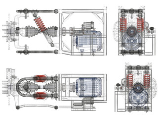 Poster - A drawing of a machine with a red spring. The springs are shown in different positions. The drawing is in black and white