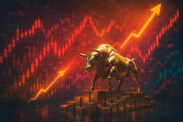 Poster - Bullish Market: A powerful bronze bull statue stands defiant before a rising stock chart, symbolizing the strength of the market.