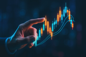 Poster - Financial Market Trend Analysis: A person's finger delicately traces the ascending trajectory of a stock chart, symbolizing the dynamic evolution of finance, the allure of capital growth.