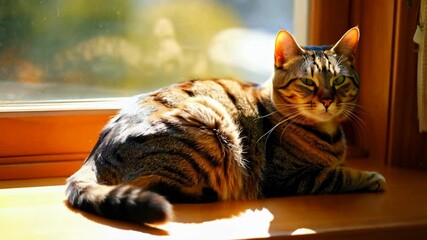 Poster - Domestic cat basking in sunlight on a window sill