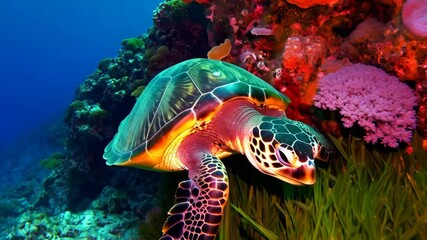 Poster - Sea Turtle Swimming Near Colorful Coral Reefs Underwater