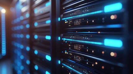 Poster - Close-up 3D render of active server racks with glowing blue indicator lights and vibrant data signals, perfect for cloud technology, IT security, and data infrastructure themes