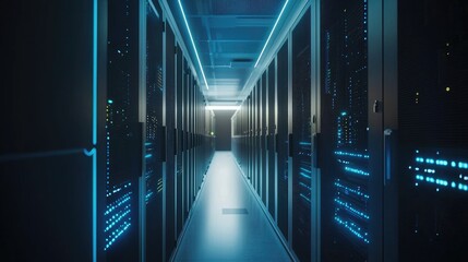 Poster - 3D render of a modern data center corridor filled with blue-lit server racks, perfect for illustrating cloud storage, IT infrastructure, and cybersecurity environments