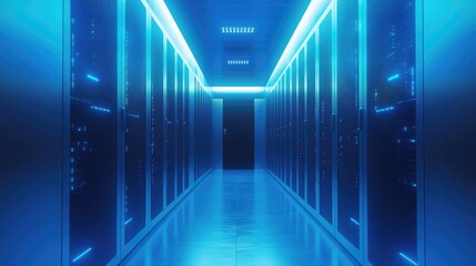 Aufkleber - Futuristic blue-lit data center corridor with high-performance server racks and reflective flooring, perfect for cloud services, network security, and digital infrastructure concepts
