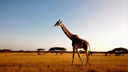 Poster - Giraffe Walking Across The Savanna At Golden Hour Under A Clear Blue Sky