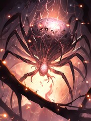 A colossal spider weaves an intricate, glowing web against a starlit sky, its eyes piercing the night with an eerie glow, showcasing nature's grandeur and terror.
