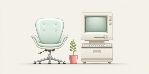 Poster - a pixel art scene of a small desk and office chair with a retro computer setup