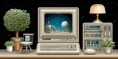 Poster - a pixel art computer desk setup with retro monitor, keyboard, and blinking lights