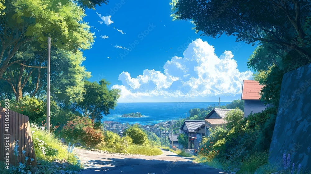 夏の青空と海の見える坂道 – 日本の田舎風景 の Stock イラスト