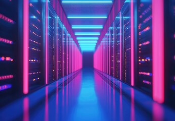 Aufkleber - Long hallway of futuristic data servers with pink and blue neon lighting, representing advanced cloud infrastructure, ideal for IT concepts, AI networks, and digital systems