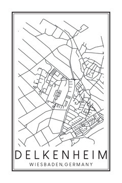 Hand drawn printable downtown road map poster of borough DELKENHEIM of the German city of WIESBADEN on solid white background with city name