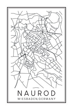 Hand drawn printable downtown road map poster of borough NAUROD of the German city of WIESBADEN on solid white background with city name