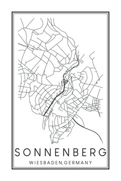 Hand drawn printable downtown road map poster of borough SONNENBERG of the German city of WIESBADEN on solid white background with city name