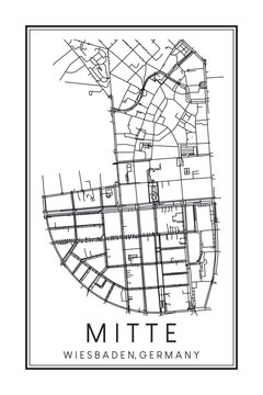 Hand drawn printable downtown road map poster of borough MITTE of the German city of WIESBADEN on solid white background with city name