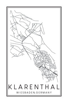 Hand drawn printable downtown road map poster of borough KLARENTHAL of the German city of WIESBADEN on solid white background with city name