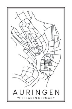 Hand drawn printable downtown road map poster of borough AURINGEN of the German city of WIESBADEN on solid white background with city name