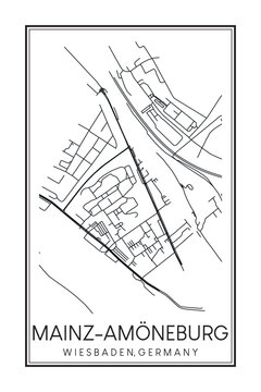 Hand drawn printable downtown road map poster of borough MAINZ-AMÖNEBURG of the German city of WIESBADEN on solid white background with city name