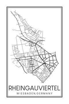 Hand drawn printable downtown road map poster of borough RHEINGAUVIERTEL of the German city of WIESBADEN on solid white background with city name