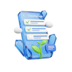 Poster - Transparent digital clipboard with checklist progress bars and green leaves representing efficiency organization and environmental awareness in modern business and personal tasks